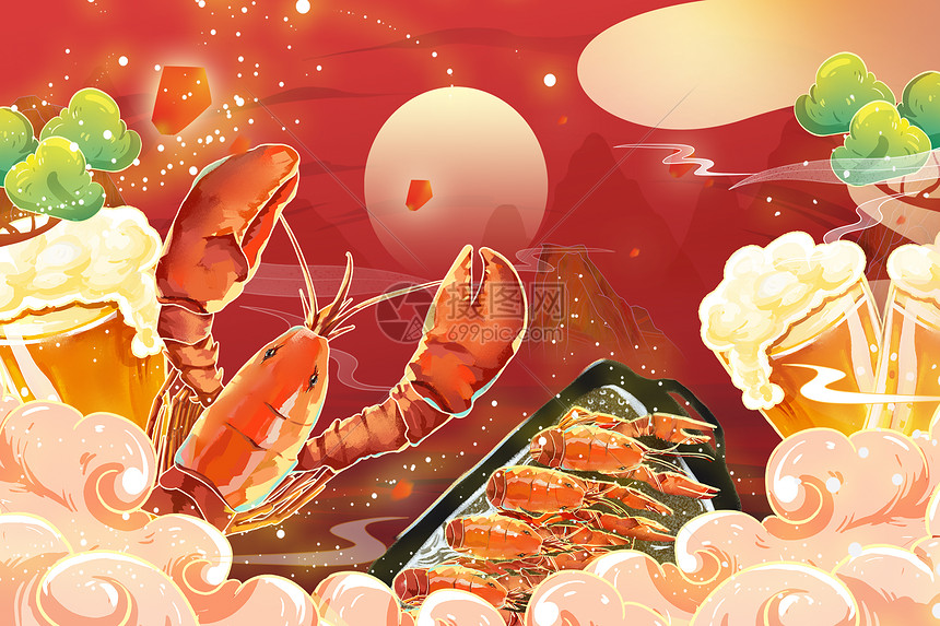 中国风国潮夏季美食小龙虾啤酒唯美风景海报插画图片