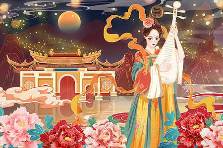 盛世欢歌国潮中国风古风美女汉服琵琶唯美山水建筑风景插画插画