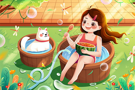 清新二十四节气玩水降温女孩与狗小暑夏季插画背景图片