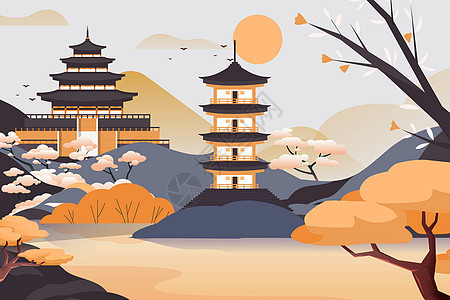秋季中国古建筑风景矢量插画图片