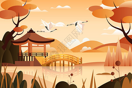 秋季风景仙鹤矢量插画图片