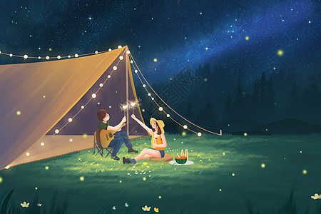 小清新夏天夜晚小情侣去户外露营野营野餐插画背景高清图片