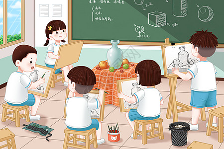小学生 课堂美术教室里画静物的学生们插画