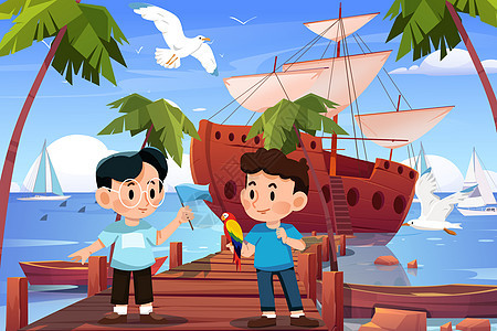 中国航海日海上航行孩子们在码头准备出发背景图片
