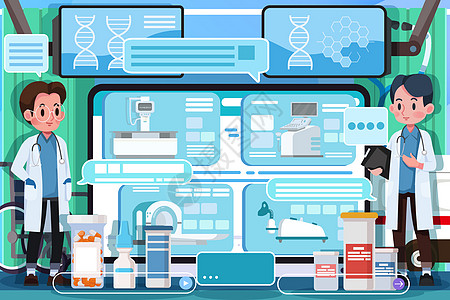 医疗插画医生在线介绍选择治疗项目医疗仪器背景图片