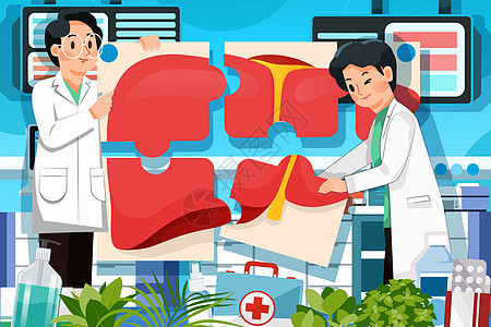 世界肝炎日医生在医院器械背景下拼肝脏拼图图片