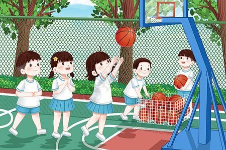篮球场里练习投篮的孩子们图片