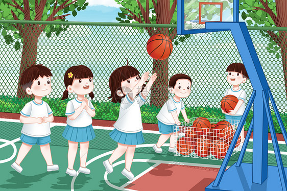 篮球场里练习投篮的孩子们图片