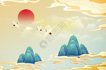 红日山水清新国潮背景背景图片