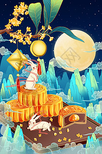 中秋节之兔子和月饼国潮手绘插画图片