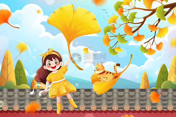 清新二十四节气立秋银杏树枝女孩与猫一叶知秋落叶插画图片