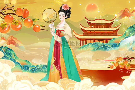 国潮中国风秋季山水建筑古代美女唯美风景插画图片