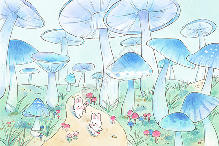 兔子童话蘑菇森林水彩风可爱治愈横版插画图片