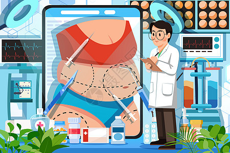 医疗插画医美整形手术医生准备抽脂减肥手术背景图片