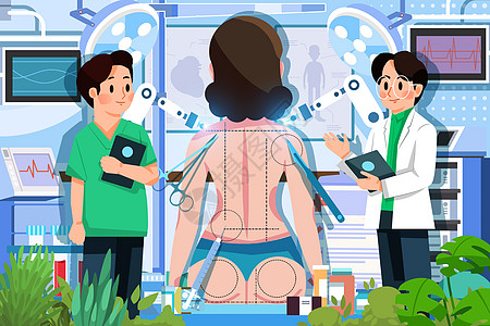 医疗插画医生为女性患者腰部后背瘦身减肥塑体手术高清图片
