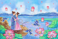 七夕情侣相会古风水彩唯美治愈系风景插画图片