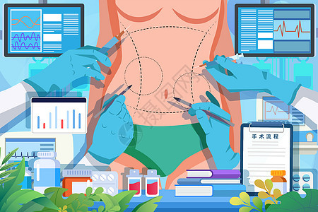 医疗插画女性进行医美塑形整容手术图片
