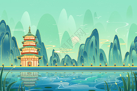 国潮夏天绿色系山水建筑插画背景图片