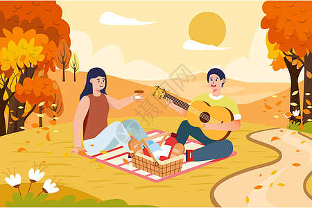 秋天野餐插画背景图片