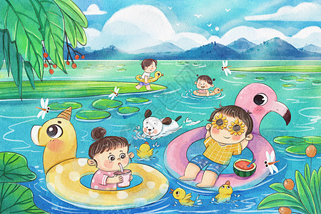 大暑夏天夏季夏日儿童游泳可爱治愈插画图片