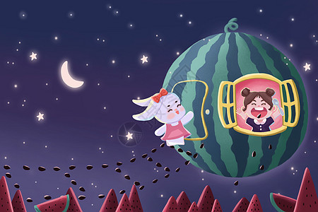 夏夜星空女孩和兔子治愈可爱插画图片
