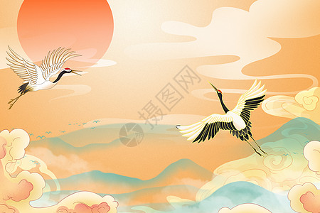 新中国风红日仙鹤清新国潮背景设计图片