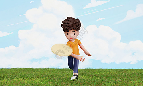 健身卡通3D夏日户外男孩玩飞盘场景设计图片