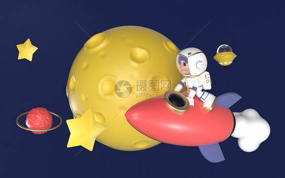 C4D月球元素太空人骑火箭3D元素图片