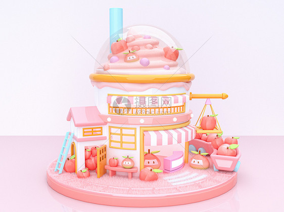 C4D夏日冷饮创意店铺粉色水蜜桃冰激凌卡通房屋图片