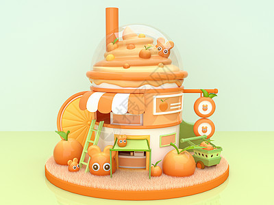 C4D夏天冷饮创意店铺橘子橙子冰激凌卡通房屋图片