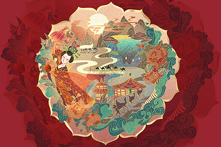 红色国潮风丝绸之路系列长安仕女山水茶叶插画图片