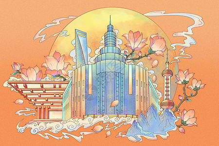 上海标志建筑市花氛围插画背景图片
