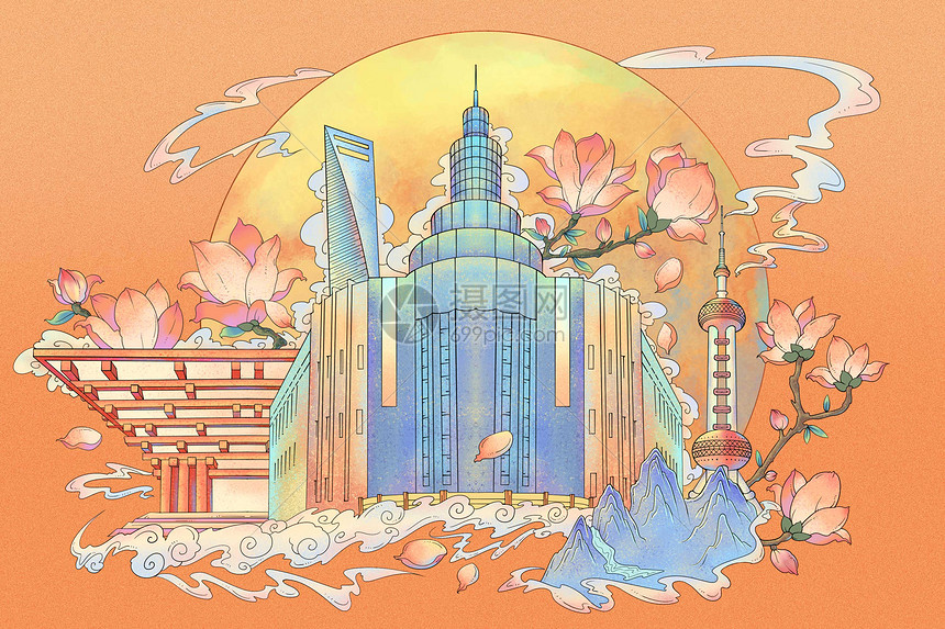 上海标志建筑市花氛围插画图片