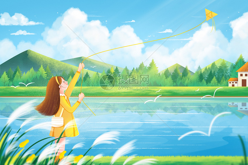 二十四气节白露节气江边芦苇放风筝风景插画图片