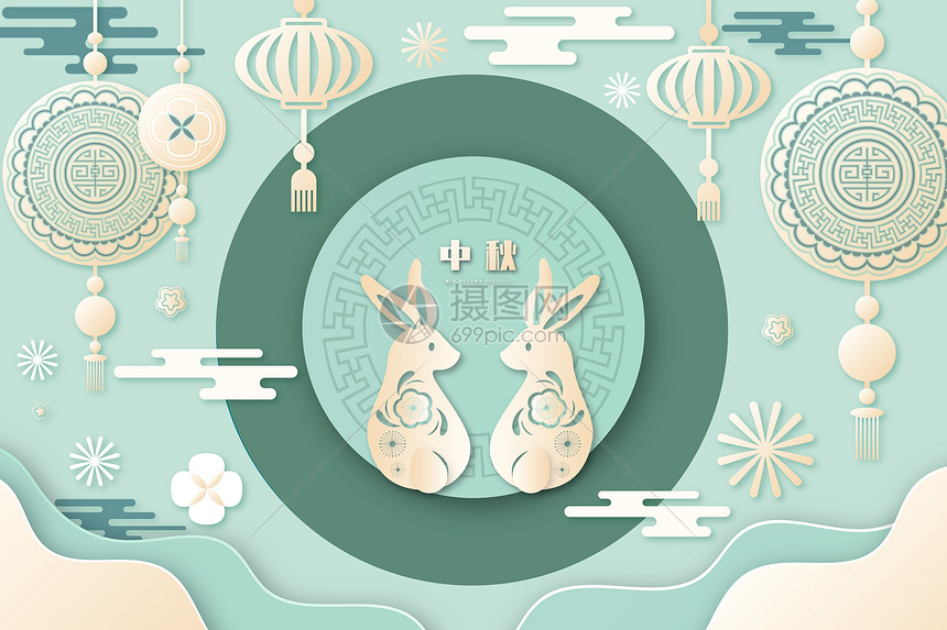 中秋节剪纸风格玉兔矢量插画图片