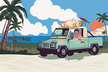 夏威夷椰子树海边开车的男孩插画