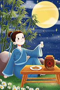 中秋节独自喝酒赏月的古人背景图片