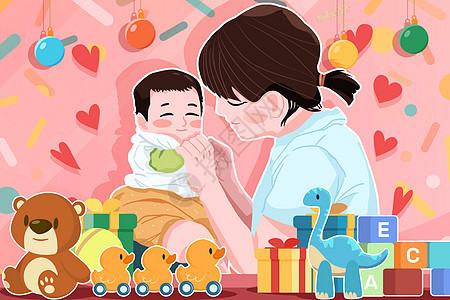 宝宝礼物玩具婴儿玩具中母亲与婴儿相处孩子感受母爱插画