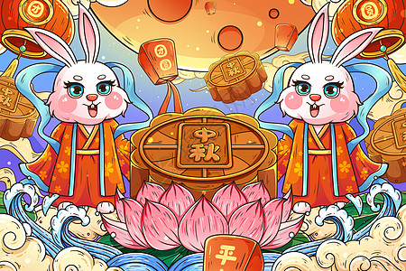 八月十五中秋节玉兔月饼插画高清图片