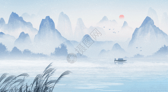白露中国风水墨画桂林山水GIF图片