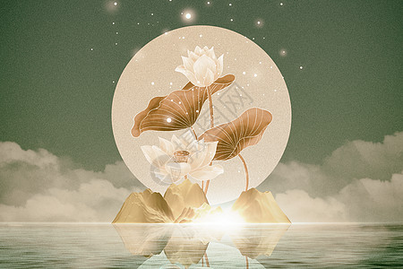金銮湾创意荷叶满月秋天背景设计图片