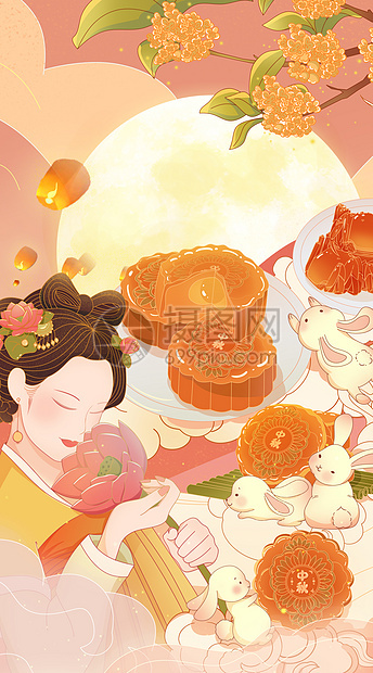 中秋月饼桂花树嫦娥兔子过手绘国潮插画图片