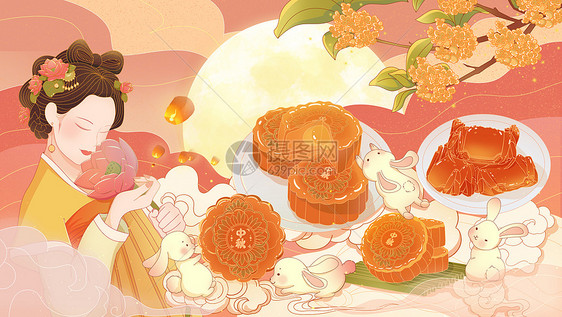 中秋月饼桂花树嫦娥兔子过手绘国潮插画图片