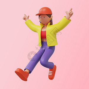 3D街舞人红帽子女孩伸腿举手表演跳舞背景图片