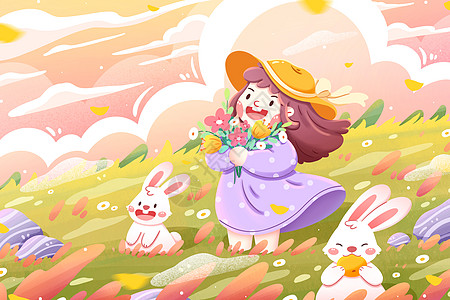 秋分节气女孩与兔子清新卡通插画图片