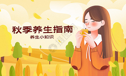 秋季养生喝茶插画背景图片
