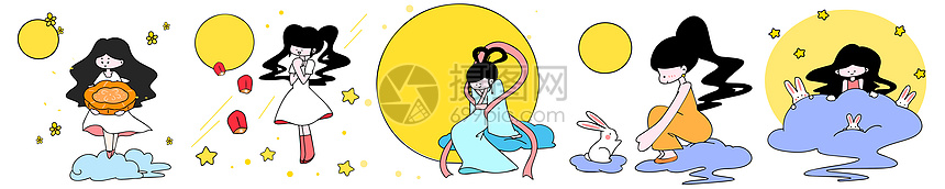 可爱线描中秋嫦娥奔月抱着月亮明月孔明灯中秋节趣味表情包合集图片