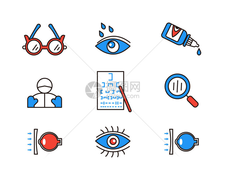 蓝色近视眼镜眼药水医疗主题医疗矢量元素套图图片