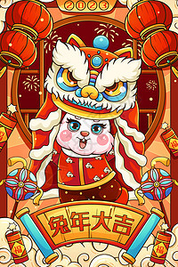 喜庆2023癸卯兔年舞狮兔子迎新年插画背景图片