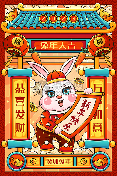 喜庆2023癸卯兔年拿对联兔子迎新年春节插画图片